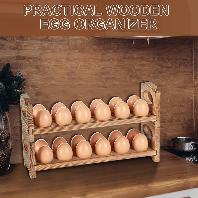 Wooden Egg Holder with 4 Layers/48-Hole, Stackable Wood Egg Rack Countertop with Handle, Stores Chicken/Duck/Quail/Turkey/Easter Eggs