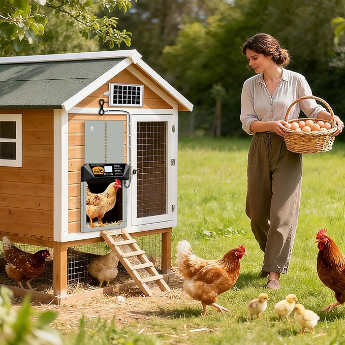 Extra Large Automatic Chicken Coop Door Solar Powered, 16'' x 12'' Aluminum Auto Chicken Coop Door with Timer, Remote, Anti-Pinch, Weatherproof for Chickens, Ducks & Geese