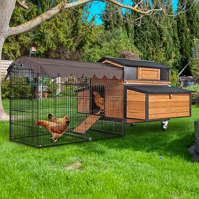 GUTINNEEN Mobile Chicken Coop with All-Around Metal Frame, 76.7" Large Chicken Coops with Super Large Wheels, Outdoor Poultry Cage Hen House with Metal Run for 6-8 Chickens