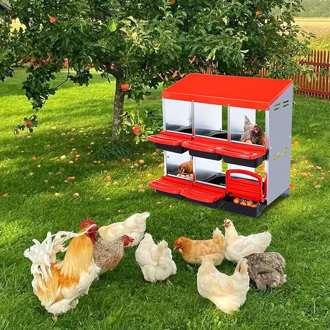 6 Compartment Metal Chicken Nesting Box, Automatic Roll-Out Egg Collection, Waterproof Galvanized Steel Laying Box, for Hens Ducks Rabbits, Red