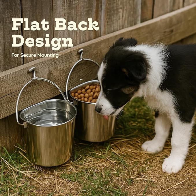 Flat Sided Stainless Steel Bucket 2 Quart Hanging Feeding Pail for Small Dogs Cats Birds, Fits Kennel Cages Compatible, Heavy Duty Food and Water Feeder, 0.5 Gallon Silver Buckets 2 Packs