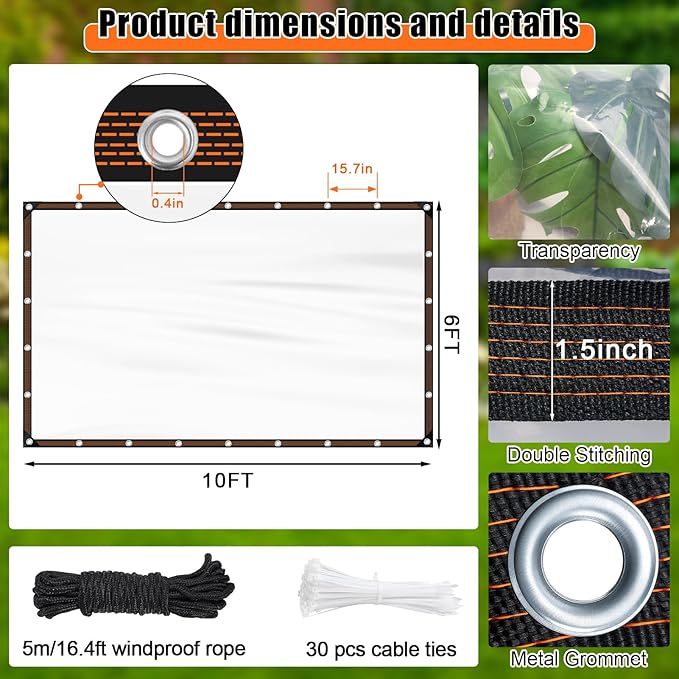 ZYP 6x10 FT Heavy Duty Clear Waterproof Tarps Outdoor Garden Rainproof Covering,Clear Vinyl Tarp with Grommets,Transparent Waterproof Tarpaulin for Covering Henhouse Porch Canopy Plant Camping
