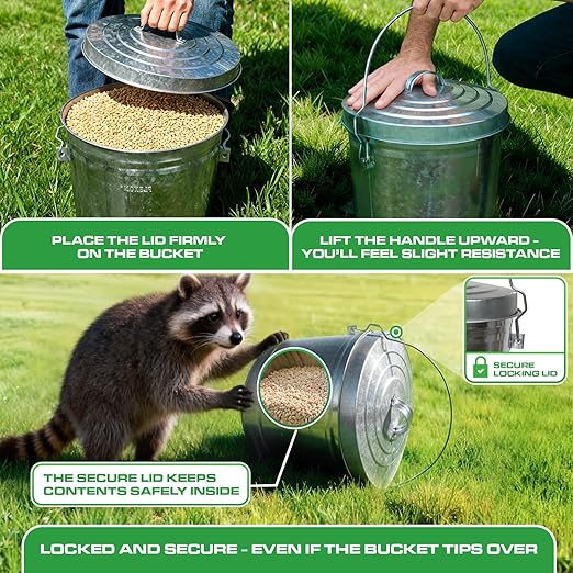 Plexon 6 Gallon Small Metal Trash Can with Locking Lid Galvanized Metal Bucket for Poultry Feed Bird Seed Storage Ash Outside Garbage Can with Lid, 3 Pack