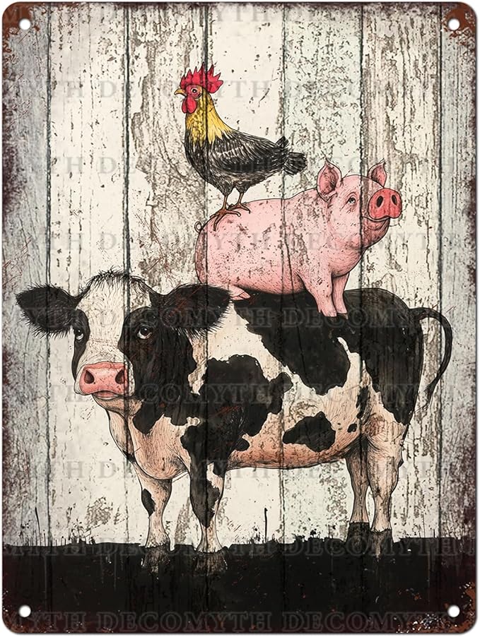 Vintage Chicken Cow Pig Tin Sign Retro Coop Wall Decor Nostalgic Art Funny Animals Rustic Metal Poster Outdoor Store Cafe Poultry House Pubs Farm Farmhouse 12 * 16inch