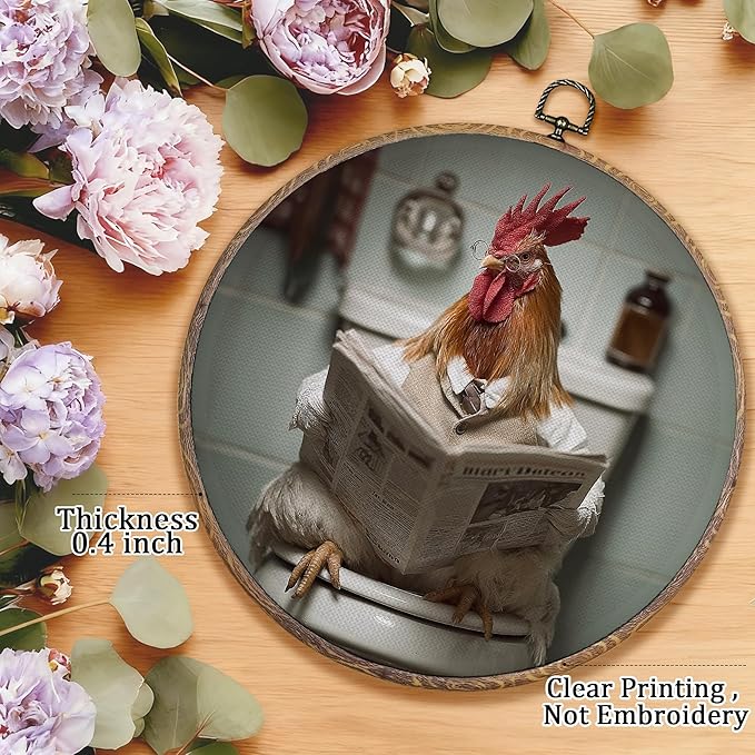 Pugwak Funny Chicken Bathroom Round Wall Art Decor Prints, Rustic Farmhouse Rooster Canvas Art Framed, Chicken Reading on Toilet Artwork Wall Hanging Decor for Washroom Bathroom Restroom, 10x10in