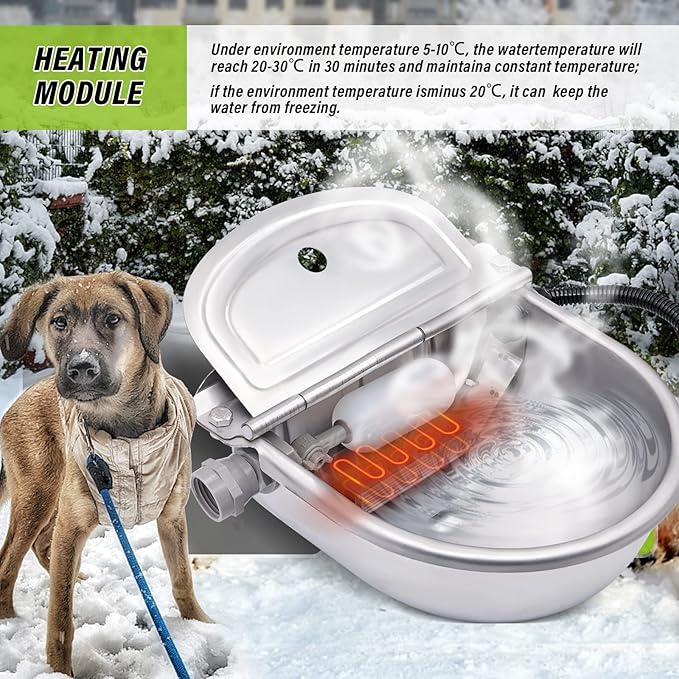 MINYULUA Automatic Heated Dog Water Bowl Stainless Steel Pet Thermal-Bowl Livestock Waterer Constant Temperature Dispenser for Dogs Cow Horse Pig Sheep Chicken Outdoor Drinking