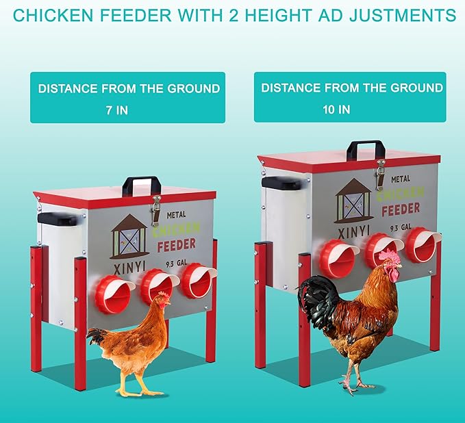 XINYI 9.3 Gallon Automatic Chicken Feeder, 6 Ports Gallon Chick Feeder No Waste with Adjustable Legs, Rodent Proof & Weatherproof Metal Raised Poultry Feeder