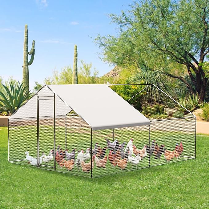 Large Metal Chicken Coop with Waterproof Cover, 10 x 13.1 x 6.5 Ft Walk-in Chicken Runs for Yard, Galvanized Wire Poultry Chickens Hen Pen Cage for Backyard Farm