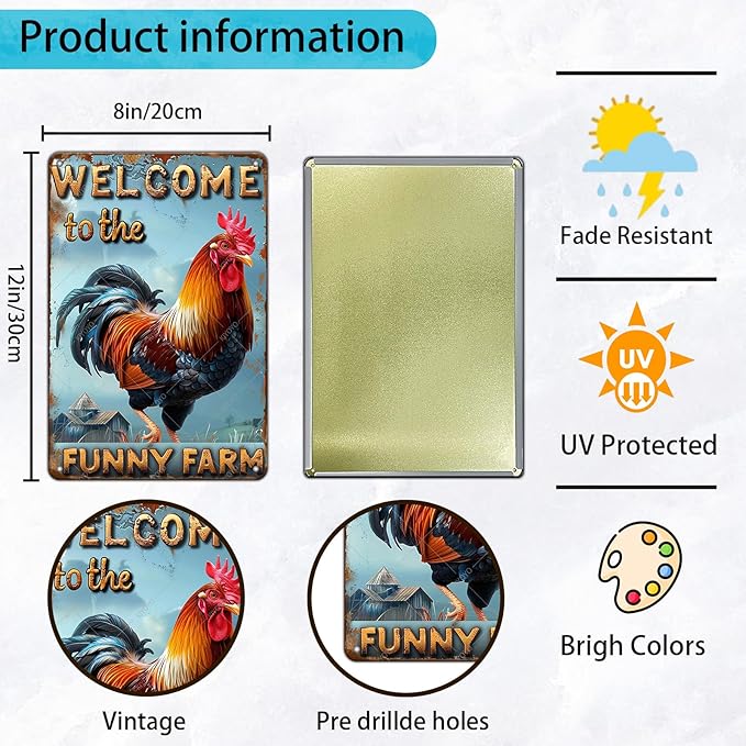 Funny Rooster Sign Welcome To The Funny Farm Rustic Tin Sign for Home Farm Chicken Coop Decor 12x8 Inch