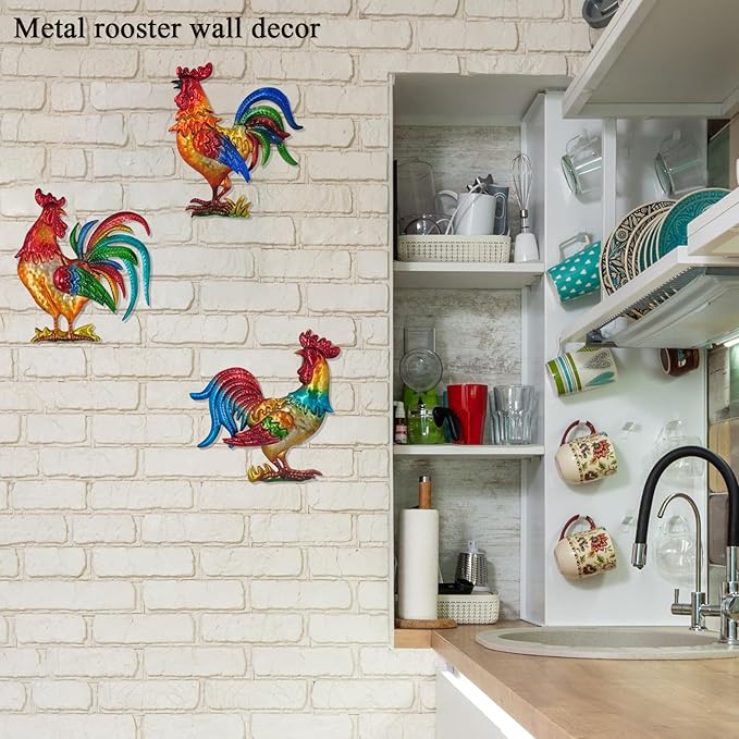 Tuokiuhn Rooster Metal Wall Art Decor Rooster Kitchen Decor Chicken Decor Living Room Bedroom Farmhouse Cabin Country Hanging Decorations Outdoor Garden Fence Art.