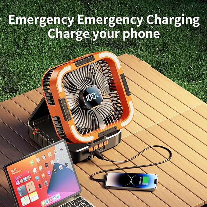 Solar Camping Fan with Light-10000mAh Rechargeable Portable, 6 Speeds, Digital Display, Timer, 120° Oscillation, Cordless Battery Powered Fan for Home Outdoor Tent Travel BBQ Fishing (Orange)