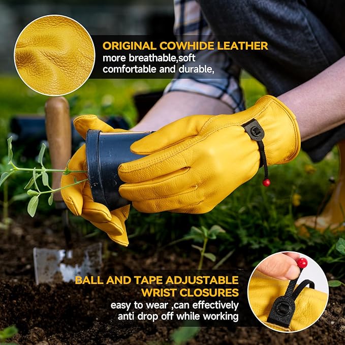 OZERO Leather Work Gloves for Men: Medium 3 Pairs Cowhide Working Gloves for Driving Heavy Duty Mechanic Ranch - Women Gardening Glove
