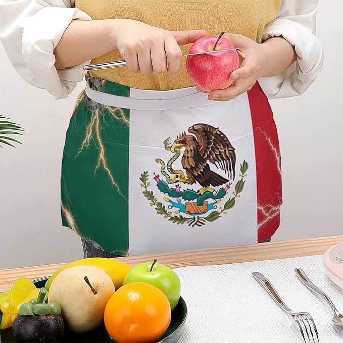 Unisex Chef Waiter Apron Waist Half Short Serving Aprons with 3 Pockets