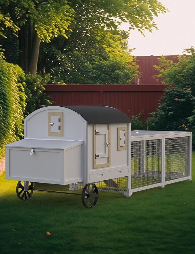 Wooden Poultry Cage for 3-5 Chickens, 106in Chicken Coop with Run, Outdoor Hen Coop with Waterproof Roof, Nesting Box, Pull Out Trays and Ramp, White