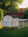 Wooden Chicken Coop for 3-5 Chickens, 106in Outdoor Run, Waterproof Roof, Nesting Box, Pull Out Trays and Ramp, White Carriage