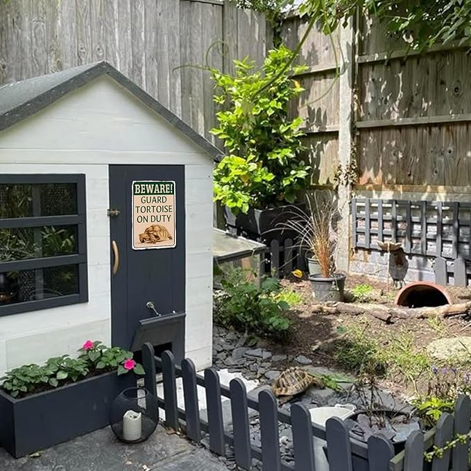 Tortoise Habitat Accessories Turtle Enclosure Decor - Outdoor Habitat Setup for Sulcata Tortoise, Beware Guard Tortoise On Duty Metal Tin Sign Gifts for Tortoise Lovers 8x12 Inch