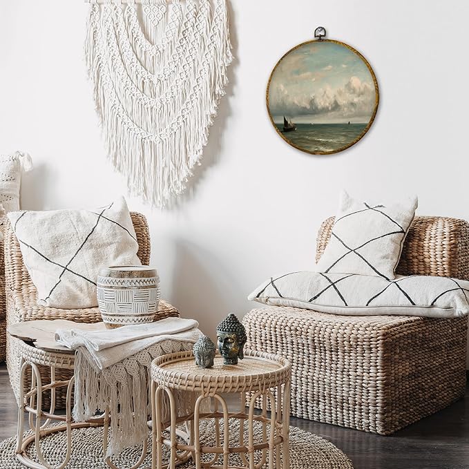 shiviody Vintage Coastal Sailboat Canvas Wall Art Decor, Moody Nautical Ocean Maritime Seascape Beach Round Hanging Frame Prints Decorations for Home Bedroom Living Room Beach House 10"x10"