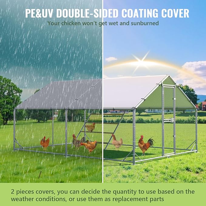 Large Metal Chicken Coop, 10x13x6.5FT Chicken Runs for Yard with Cover and Roosting Perch, Split Doors Walk in Chicken Coop