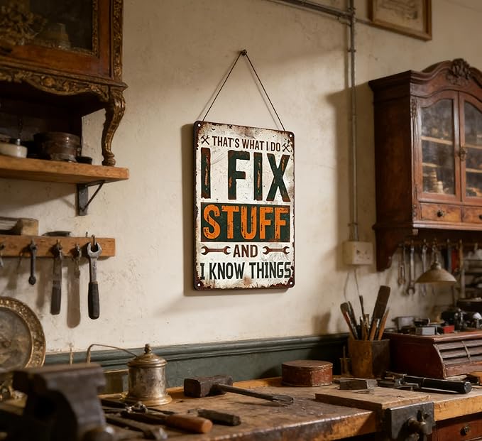 Funny Garage Metal Sign Rustic Farmhouse Wrench Tools Shop Accessories Tin Signs Vintage Man Cave Decor I Fix Stuff Mechanic Poster Aluminum Wall art for Workshop Garage 8x12 Inch