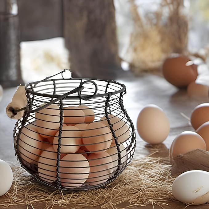 LINCOUNTRY. Farmhouse Wire Egg Baskets for Gathering Fresh Egg With Handle, Round Metal Chicken Egg Collecting Basket Countertop Holder Vintage Style for Kitchen