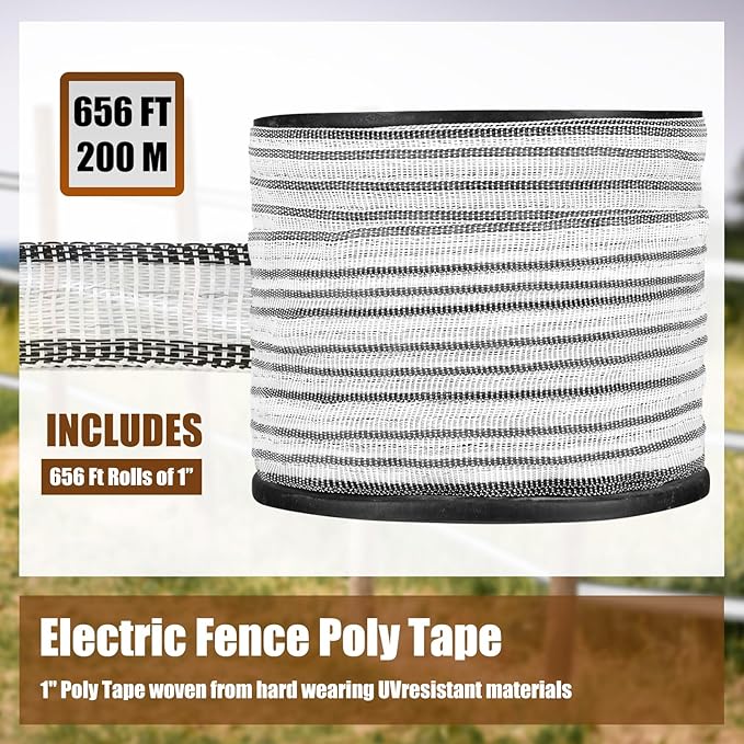 656 Ft/ 200 M Electric Fence Tape for Livestock with High Visibility Polytape Fencing Hot Wire Horse Electric Fence Kit with 4 x 0.18 mm Stainless Steel Conductors (1 Inch)