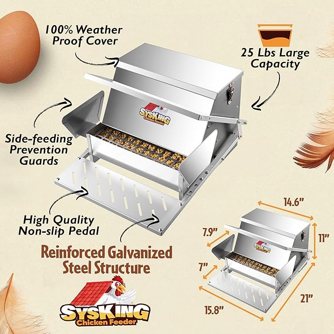 Heavy Duty Automatic Chicken Feeder - Metal Chicken Feeders Treadle Operated, Spill Proof Poultry Feeder with Rat Proof Design & Weatherproof Lid | Sturdy Galvanized Steel (25 lb Capacity)