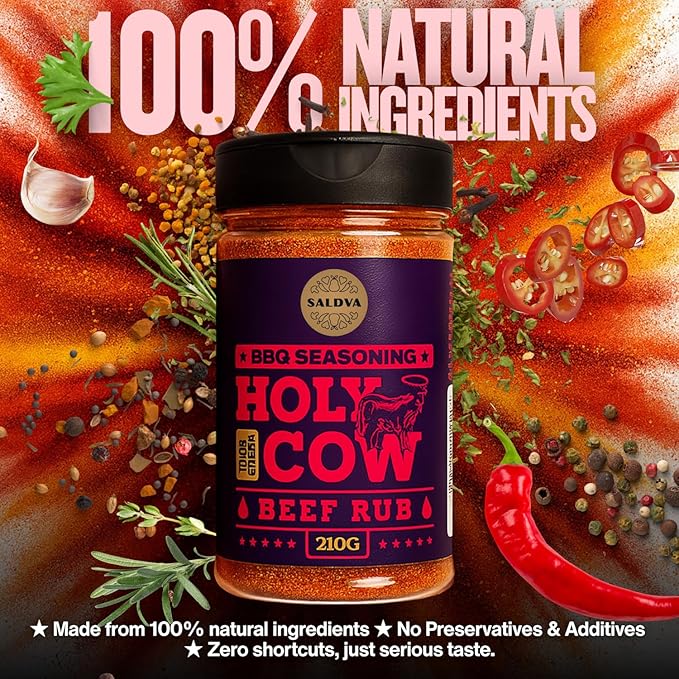 Holy Cow BBQ Beef Rub - 100% Natural Seasoning - Packs Amazing Flavour Into Any Cut Of Beef For Wonderful BBQ And Grill Dishes - Perfectly Balanced Blend Of Spices - Large Jar (210g)
