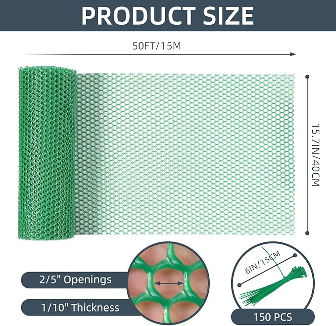 Plastic Wire Mesh Fence, 1.3ft x 50ft /15.7in x 600in Plastic Chicken Wire Fence Mesh Versatile Plastic Fencing Wire Netting Poultry Animal Barrier Fence with 150 Zip Ties for Garden & Farm, Green