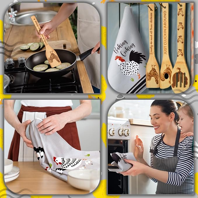 9 Pcs Farmhouse Kitchen Decor Set 4 Kitchen Towels and 5 Wooden Spoons Dish Hand Tea Towels for Housewarming Gifts Christmas Cooking Home Accessories(Rooster)