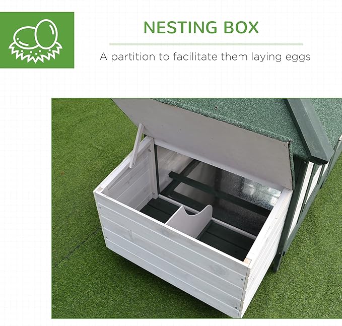 PawHut 77" Wooden Chicken Coop with Nesting Box, Cute Outdoor Hen House with Removable Tray, Ramp Run, for Garden Backyard, Green