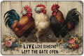 Funny Farmhourse Chicken Coop Metal Tin Signs Vintage Chicken Decor Sign Live Like Someone Left The Gate Open Poster for Home Kitchen Garden Restaurant Rooster Outdoor Wall Art Decor 16x12 Inch