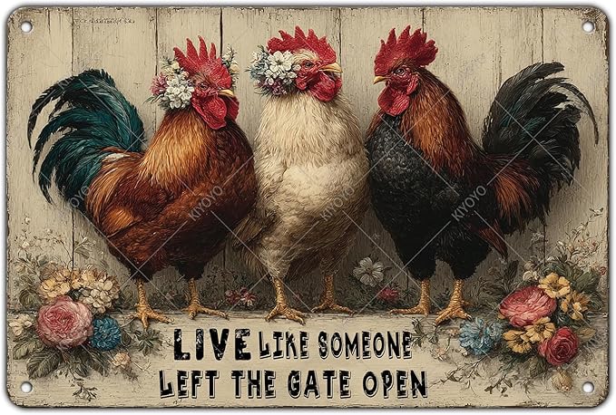 Funny Farmhourse Chicken Coop Metal Tin Signs Vintage Chicken Decor Sign Live Like Someone Left The Gate Open Poster for Home Kitchen Garden Restaurant Rooster Outdoor Wall Art Decor 12x8 Inch
