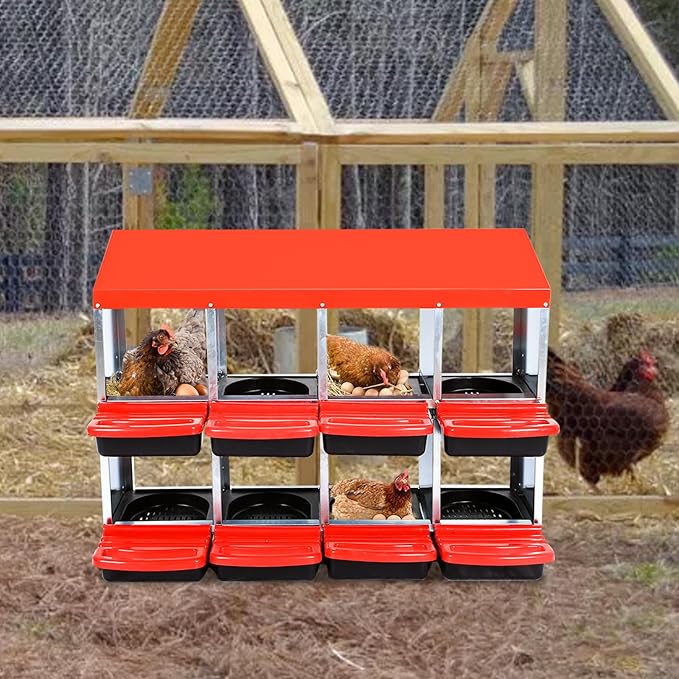 8-Compartment Roll-Away Metal Chicken Nesting Box – Easy Egg Collection, Durable Hen Laying Box with Lid Cover, Cleanable, Red, No Bracket Legs for Coops