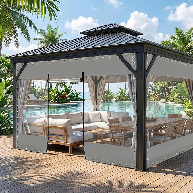 7(H) x 10(W) ft Clear Vinyl Curtains with Zippered Entry,21.16oz Heavy Duty Waterproof and Tear-Resistant Tarpaulin with Grommets,19.69 MIL Grey Transparent Tarp for Patio Gazebo Balcony Porch Pergola