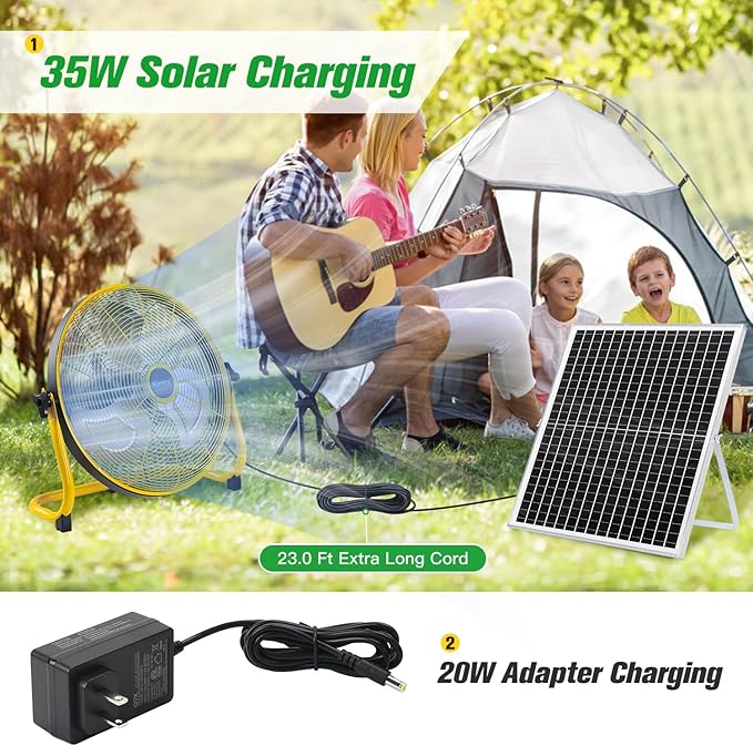 12" Solar Rechargeable Floor Fan for Home Outdoor Camping Gazebo Greenhouse Barn Poultry Pet House Cooling or Air Circulation