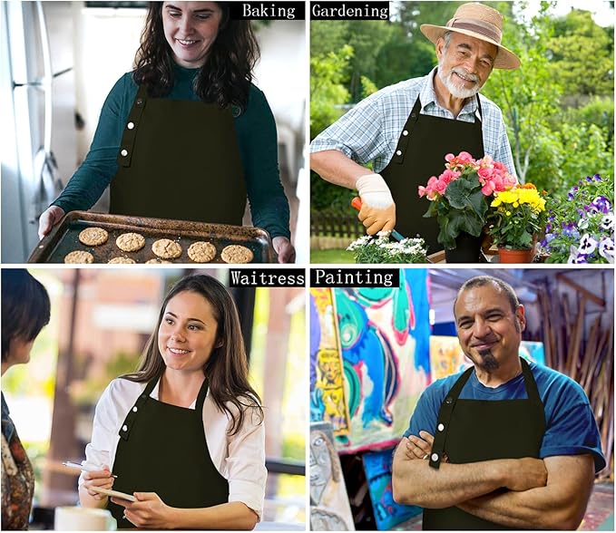 Adjustable Button Apron for Women Men Artist Painting Pottery Garden Cooking Kitchen Chef 3 Pockets Waterproof M-XXL