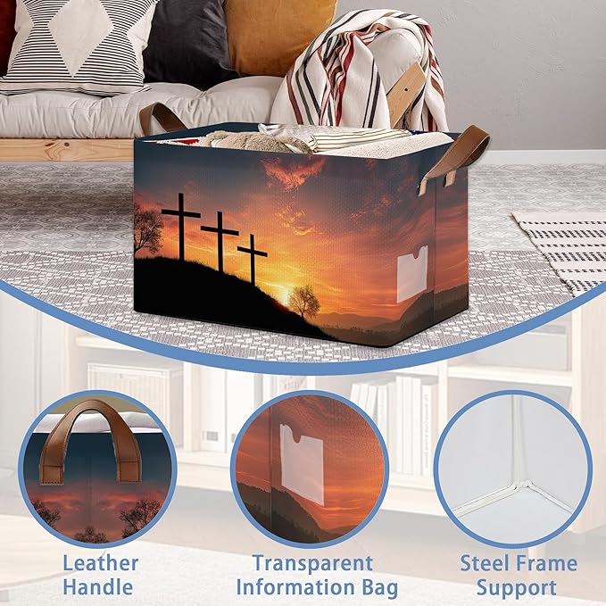 Cross Sunset Storage Basket,Collapsible Storage Bin Cubes for Living Room Bedroom Blankets Home Storage 17x11.5x10Inch