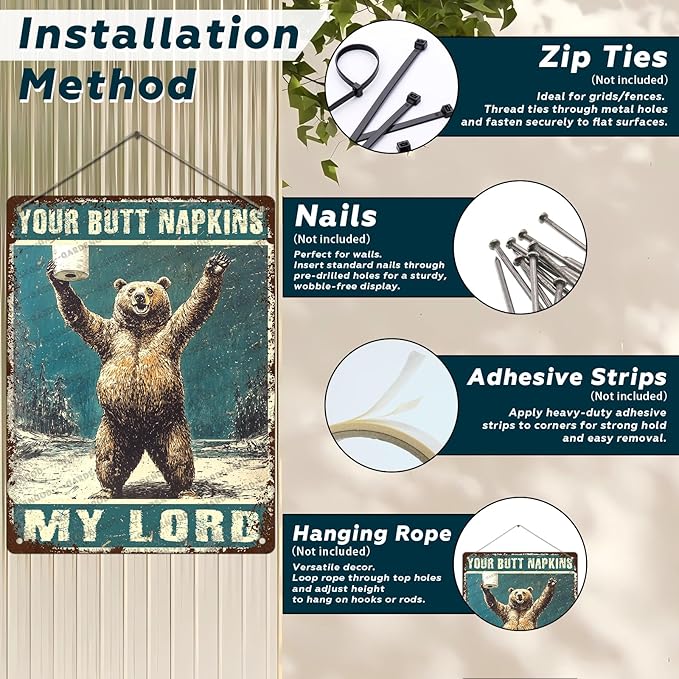 Fun Vintage Brown Bear And Toilet Paper Metal Sign Bear Your Butt Napkins My Lord Novelty Metal Poster Home Kitchen Bathroom Aluminium Sign Art Wall Decor 16x12 Inch