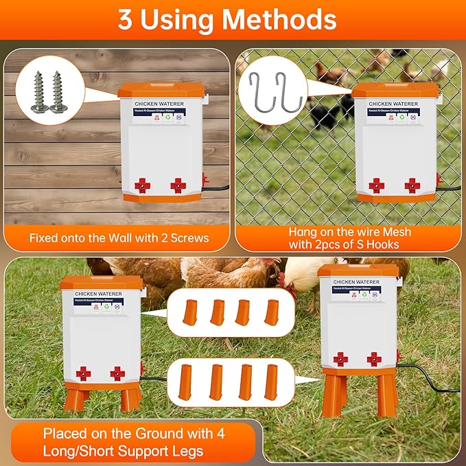 Heated Chicken Waterer, Thermostatically Controlled Poultry Water Heater for Winter, 4 Horizontal Nipples and 8 Support Legs, Anti-Freezing Watering System for Coop Accessories (Orange, 3.2Gallon)