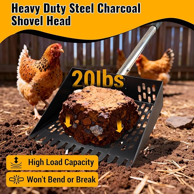 PETNF 2-in-1 Chicken Poop Scooper & Rake with Ergonomic Non-Slip Handle, Adjustable Stainless Steel Handle (30–80"), Large Capacity Basket, Multifunctional Heavy-Duty Scooper, Easy to Install & Clean