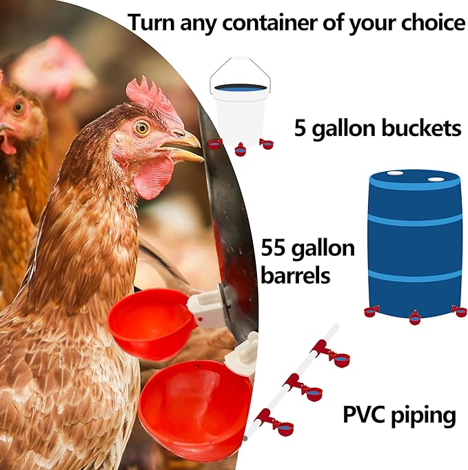 8pack Large Poultry Waterer, Professional Chicken Water Cups for Poultry LANARP Float Style Gravity Chicken Watering System, Tee Fittings Poultry Waterer Suitable, with Mounting Hole Opener (8)
