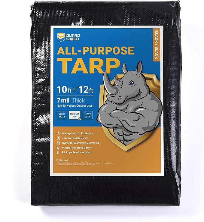 GUARD SHIELD Black Tarp Waterproof 10x12 Feet Medium Duty All Purpose Poly Tarps Cover 7mil