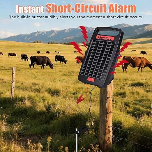 10 Miles Solar Electric Fence Charger with Short Circuit Alarm,0.18J Solar Powered Fence Charger 24-Hour Protection,with Solar Panel,14-Day Continuous Powered Protection for Livestock Protection