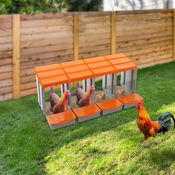 Chicken Nesting Boxes 4 Compartment PP Nesting Box with Inclined Nesting Boxes & Vented Holes Wall Mount Chicken Laying Boxes for Chicken Coop (Orange)