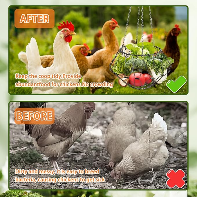 2 Pack Hanging Chicken Feeder Accessories,9.25IN Large Foldable Chicken Vegetable Treat Holder Basket,Sturdy Hanging Poultry Feeder Cabbage Bowl Sack with 4Pcs 20inches Hanging Chain for Chicken Coop
