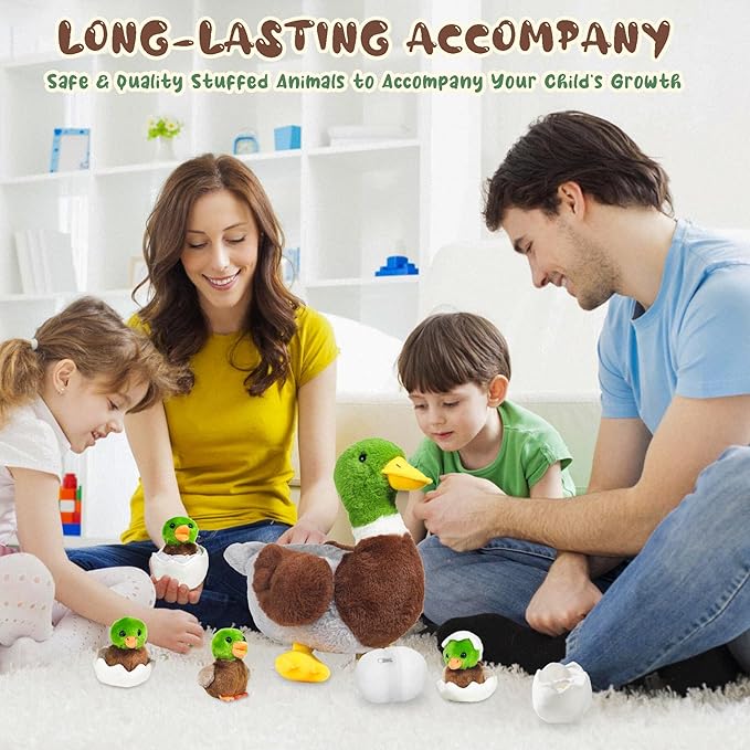 7 in 1 Mallard Duck Stuffed Animals Duck Plush Toys, 12" Zipper Mommy Stuffed Duck with 4 Baby Ducks Ducklings Eggs Green Duck Plushies Pillow for Kids Birthday Easter Stuffers Gifts Farm Party Decor