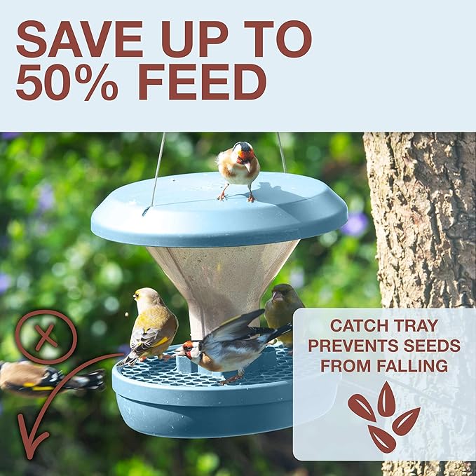 SWISSINNO Bird Feeders - No Mess Hanging Bird Feeder for Outdoors - Smart Birds Davos Spill Proof Wild Cardinal & Small Bird Feeder with Integrated Seed Catcher Tray - Dual Chamber - Light Blue