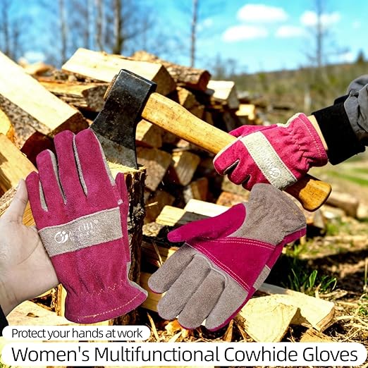 Leather Work Gloves for Women with Cotton Lining, Thorn Proof Gardening Gloves for TIG/MIG Welding, Construction (Rose Red, X-Small)
