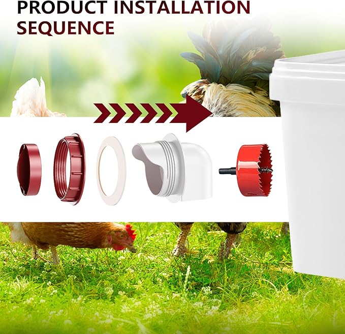 Poultry Feeder No-Waste Automatic Chicken Feeder (6 Ports) - DIY Kit with Hole Saw, Fits Buckets/Barrels/Bins/Troughs (with Covers)
