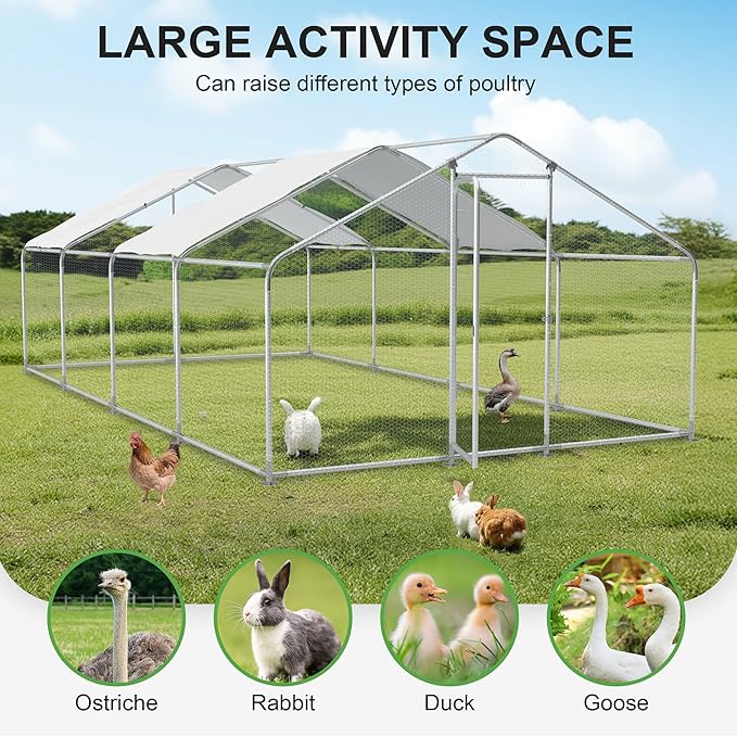 GOJOOASIS Large Chicken Coop Run Walk-in Metal Poultry Cage Outdoor Backyard Hen House with Roof Cover (10'L x 20'W x 6.6'H)
